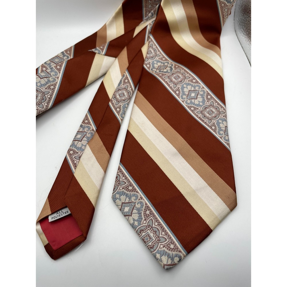 Vintage Beau Brummell Casualaire Tie Brown Tan Striped Medallion Paisley 70s